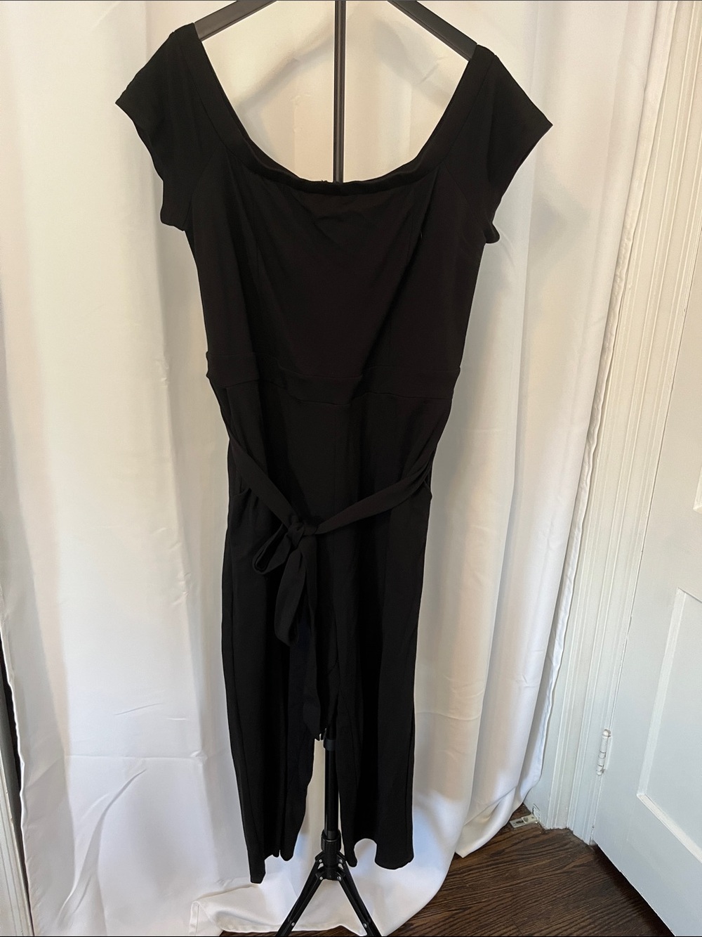 Off-Shoulder Black Jumpsuit with Waist Tie
